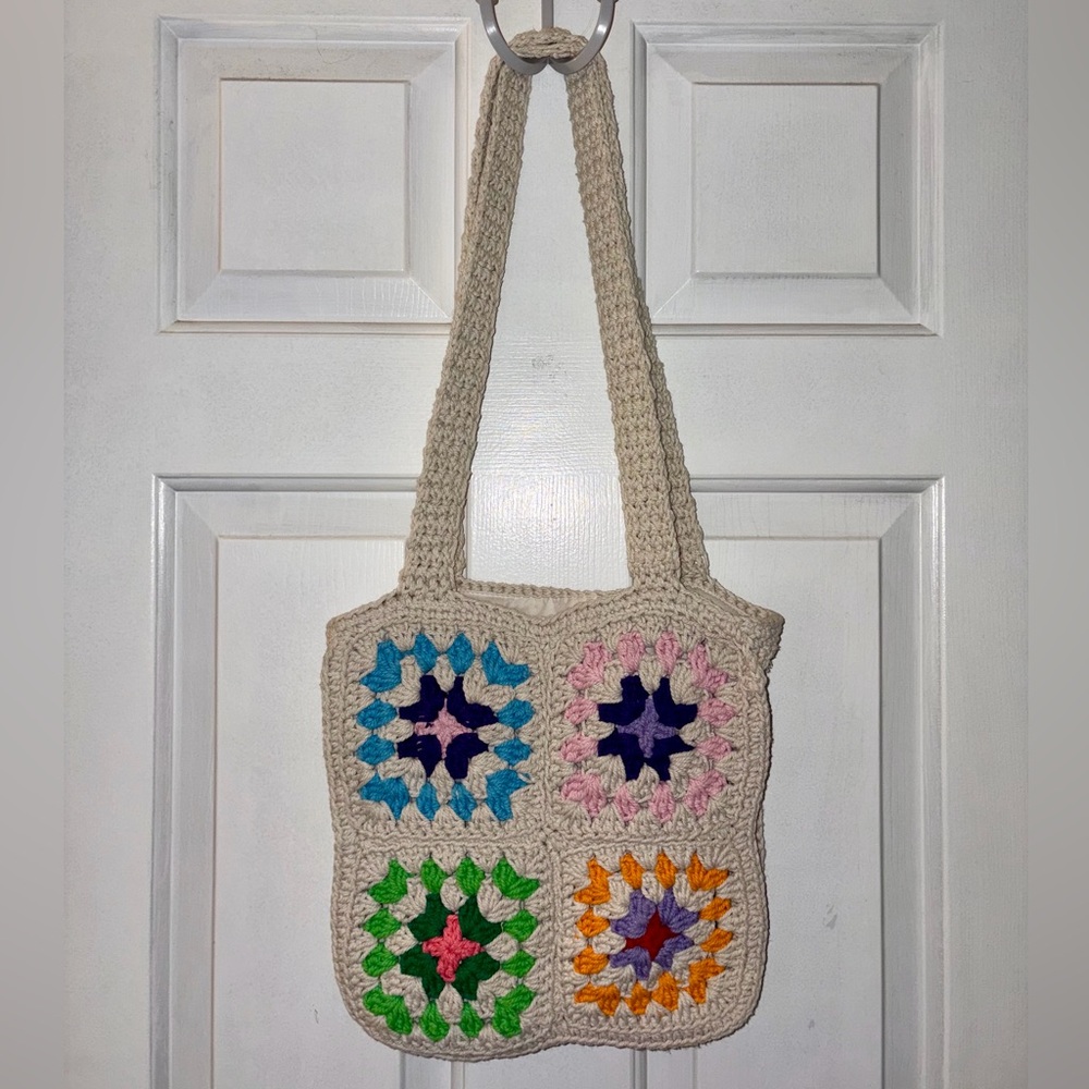 Multi-Color Medium Crean Crochet Macrame Shoulder Tote Bag